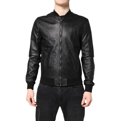 Dolce & Gabbana Black Lambskin Leather Full Zip Biker Jacket