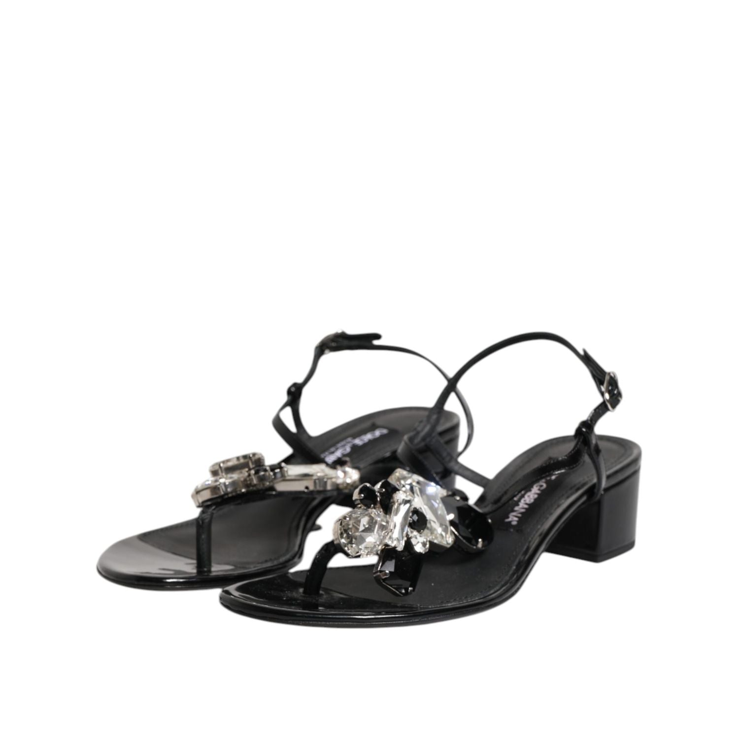 Dolce & Gabbana Black Leather Crystal Ankle Strap Sandals Shoes