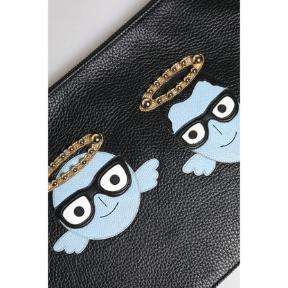 Dolce & Gabbana Black Leather #DGFAMILY Embellished Men Zip Pouch Bag