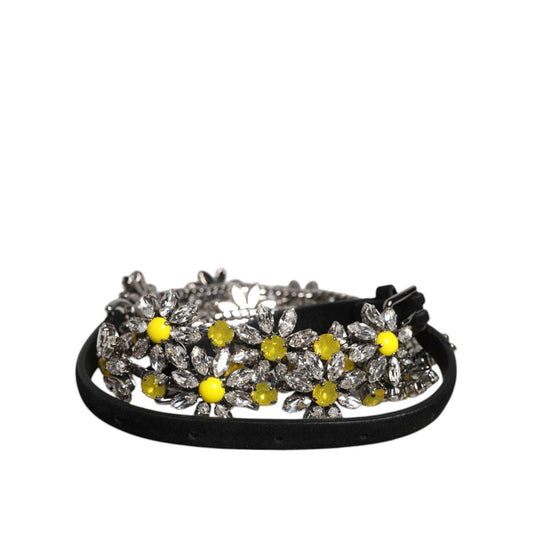 Dolce & Gabbana Black Leather Daisy Crystal Embellish Waist Belt