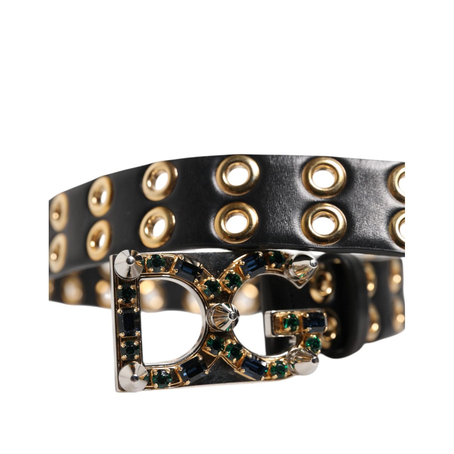 Dolce & Gabbana Black Leather Eyelet Crystal DG Buckle Belt