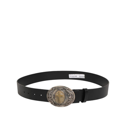 Dolce & Gabbana Black Leather Ornate Metal Buckle Men Belt