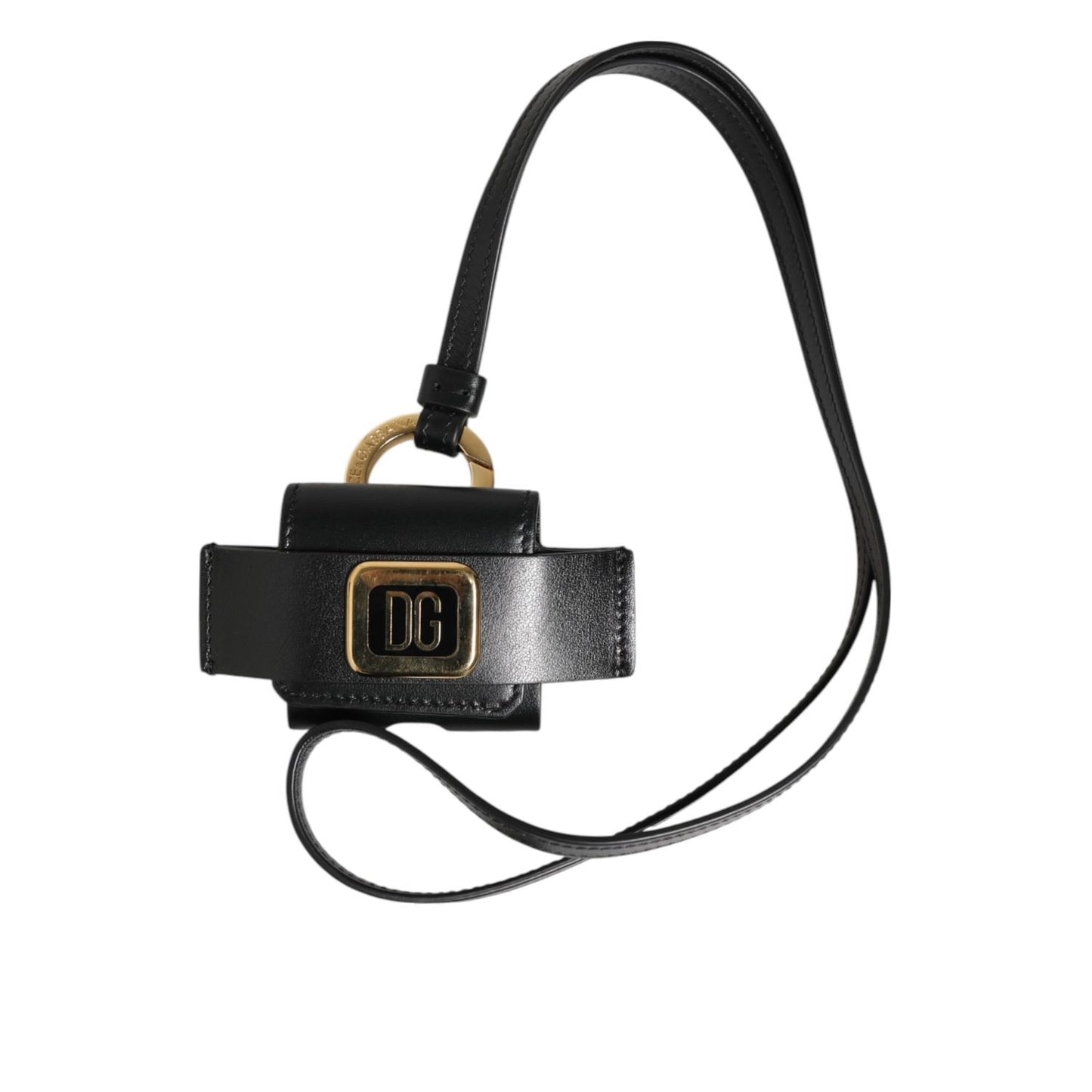 Dolce & Gabbana Black Leather Strap Gold Metal DG Logo Plaque Airpods Case
