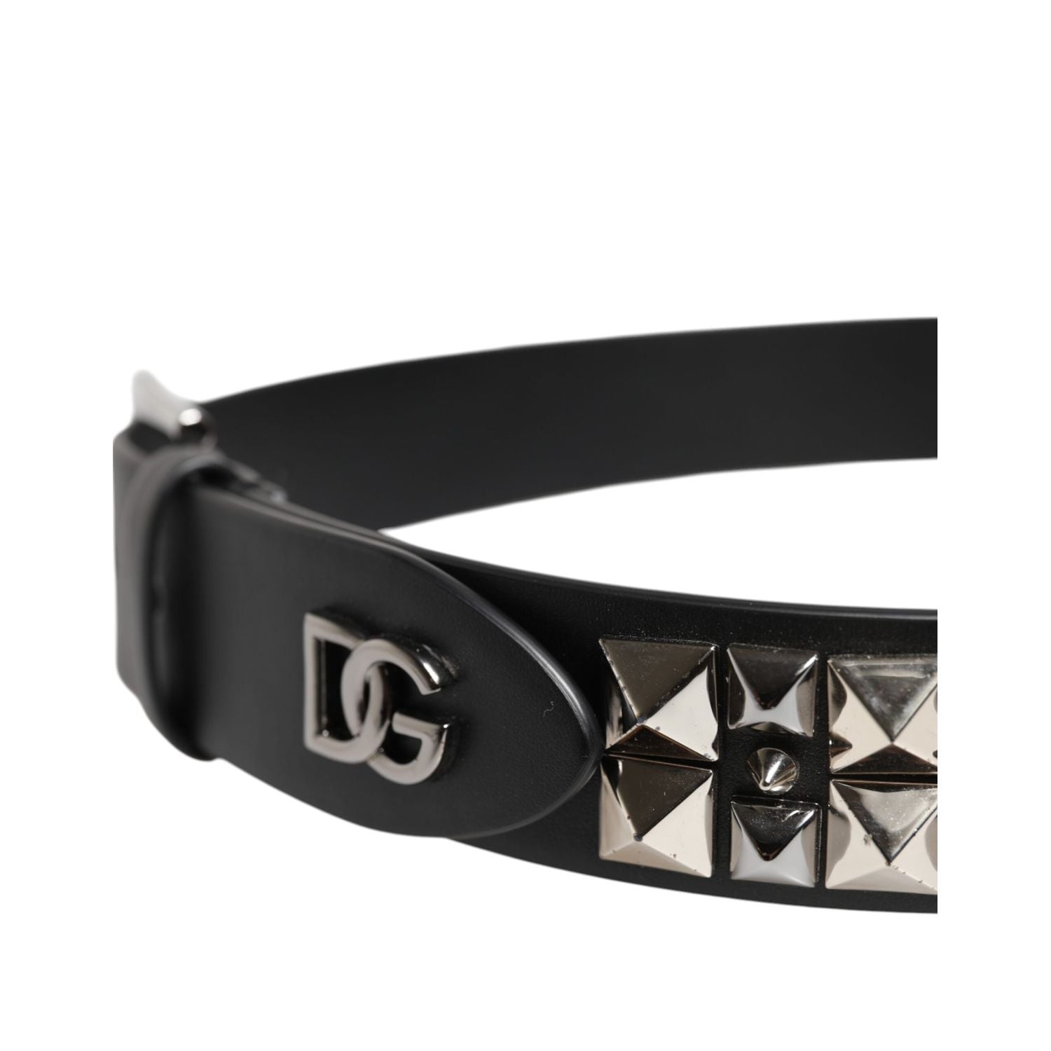 Dolce & Gabbana Black Leather Studded DG Metal Buckle Belt