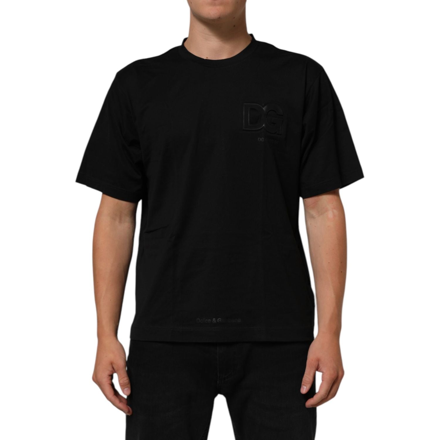 Dolce &amp; Gabbana Black Logo Patch Cotton Men Crew Neck T-shirt