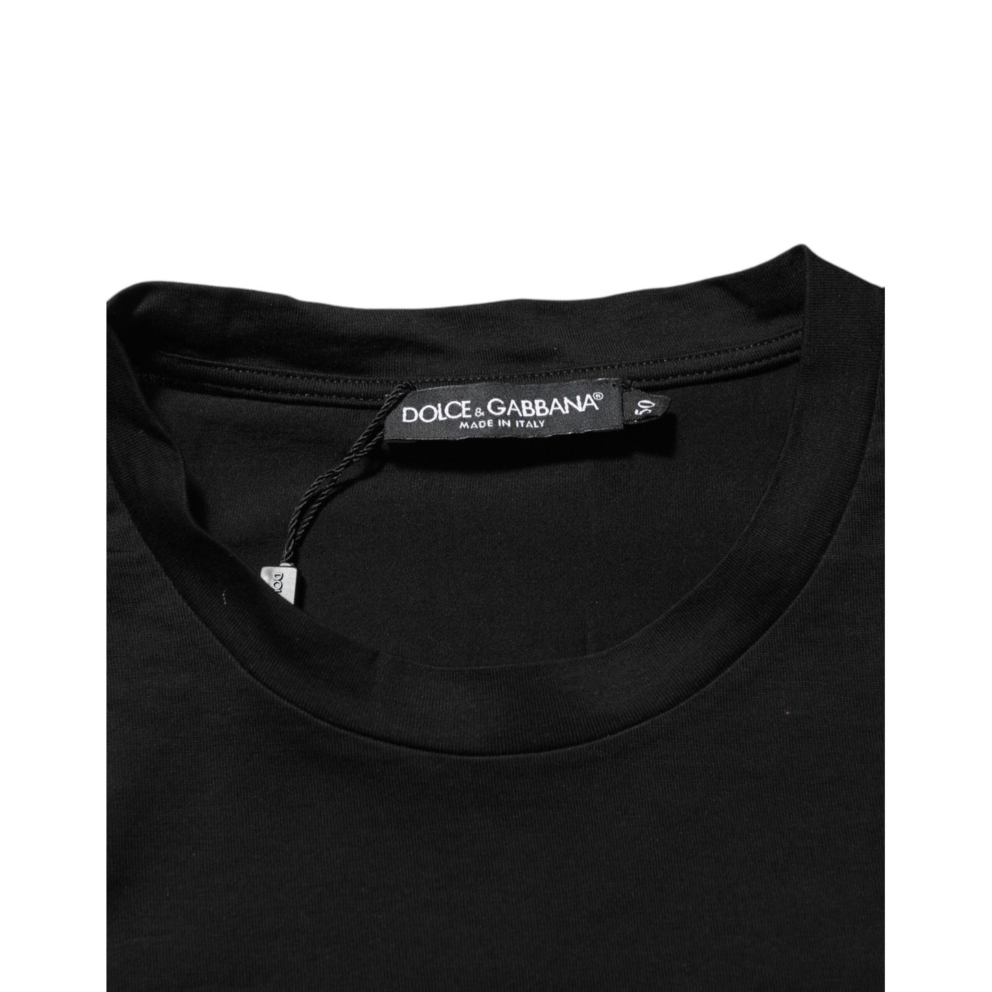 Dolce &amp; Gabbana Black Logo Patch Cotton Men Crew Neck T-shirt