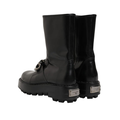 Dolce & Gabbana Black Logo Plaque Mid Calf Biker Boots Shoes