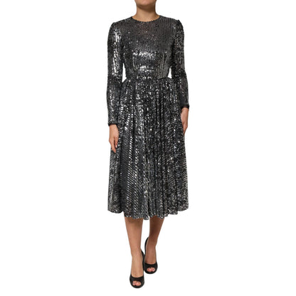 Dolce & Gabbana Black Sequined Long Sleeves Midi A-line Dress