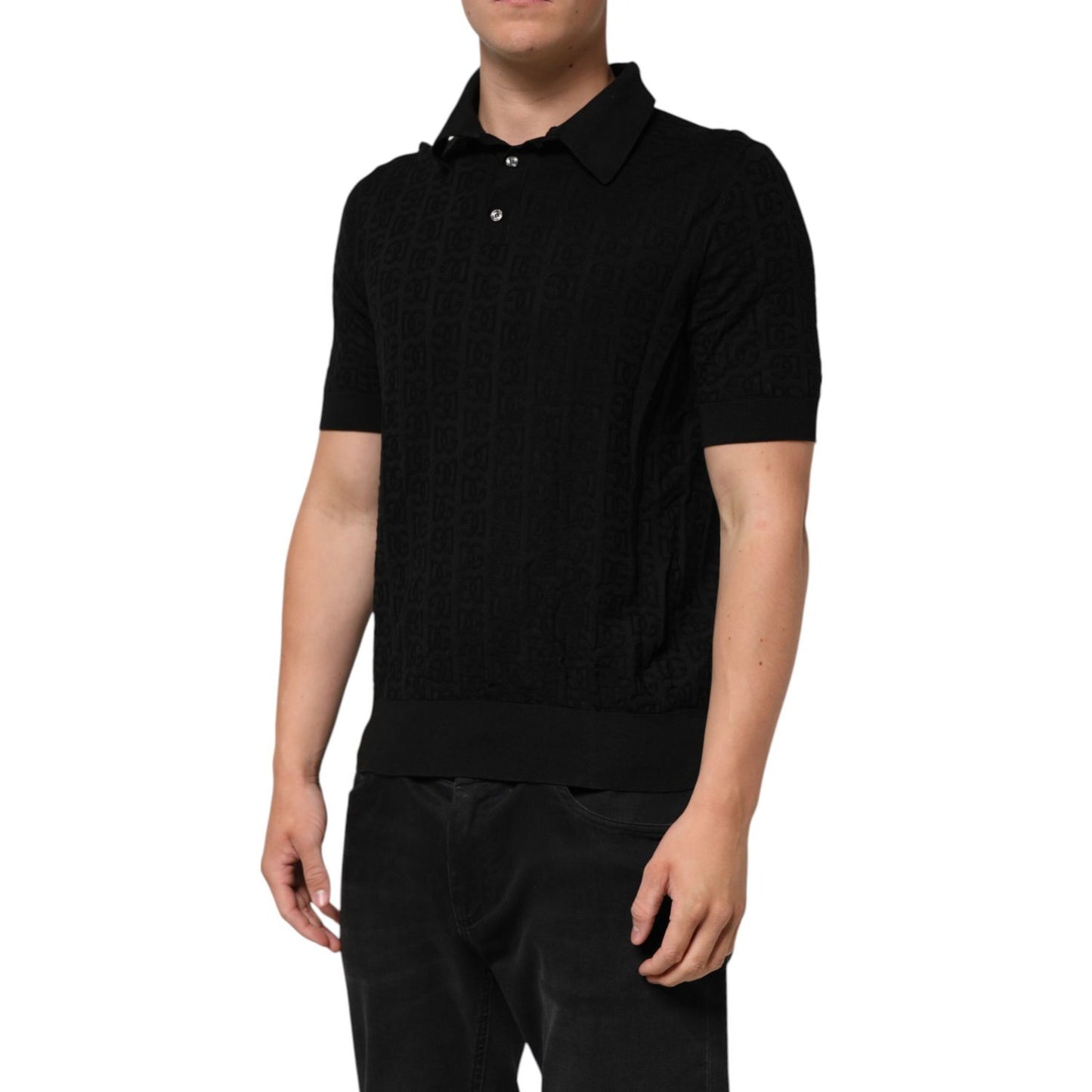 Dolce & Gabbana Black Silk Jacquard DG Polo Shirt T-shirt