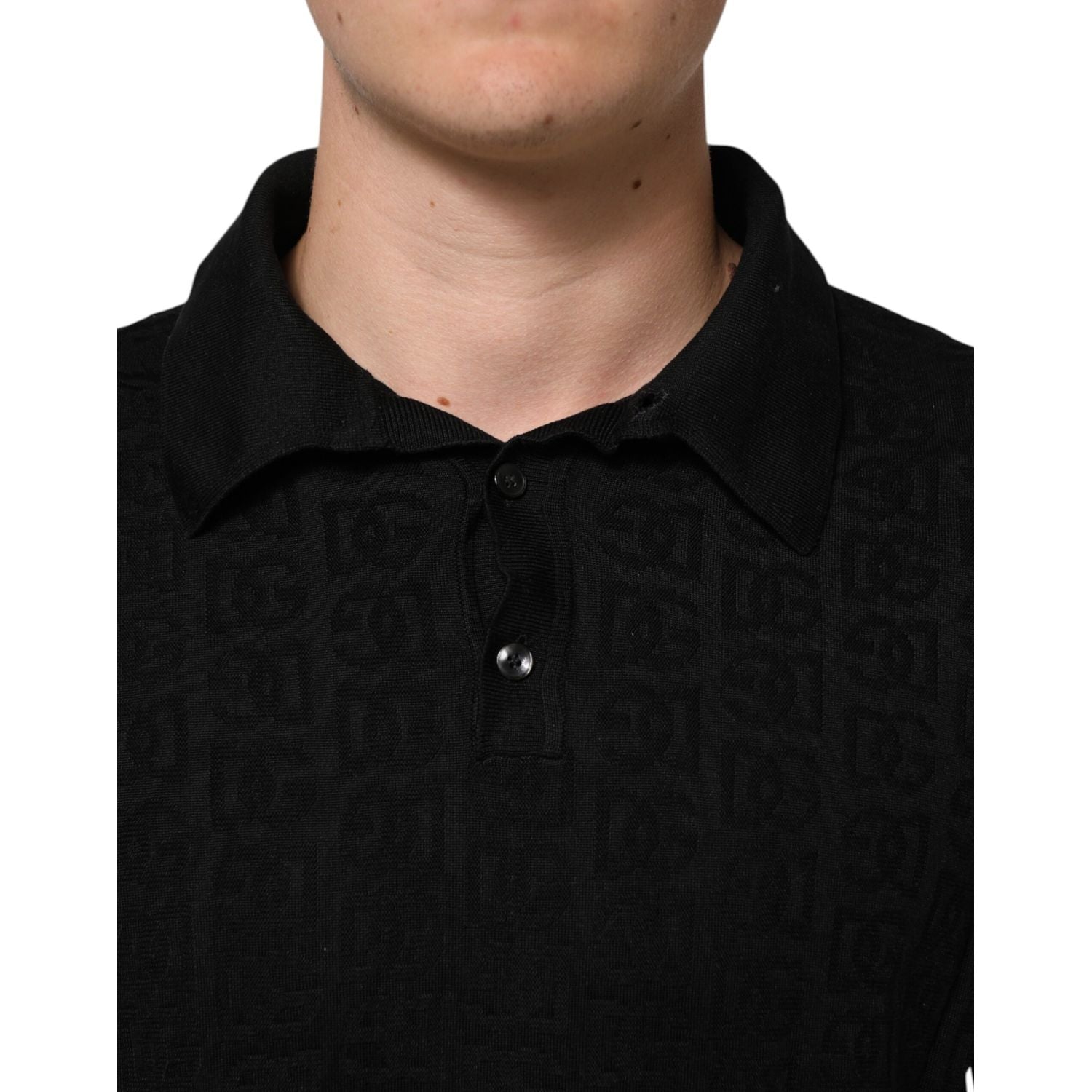 Dolce & Gabbana Black Silk Jacquard DG Polo Shirt T-shirt