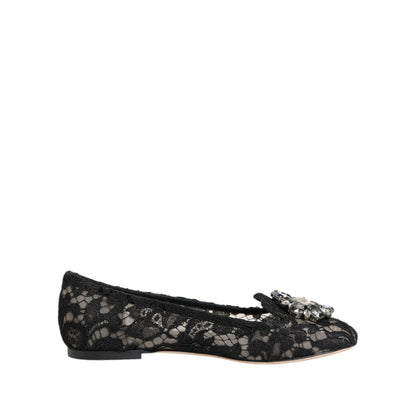 Dolce & Gabbana Black Taormina Lace Crystals Flats Shoes