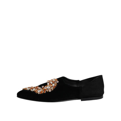 Dolce & Gabbana Black Velvet Embellished Loafer Slip On Shoes