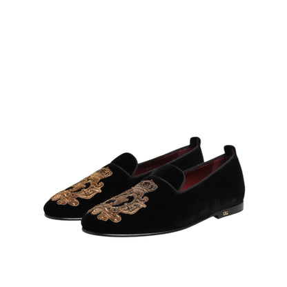 Dolce & Gabbana Black Velvet Gold Crown Mens Loafers Shoes