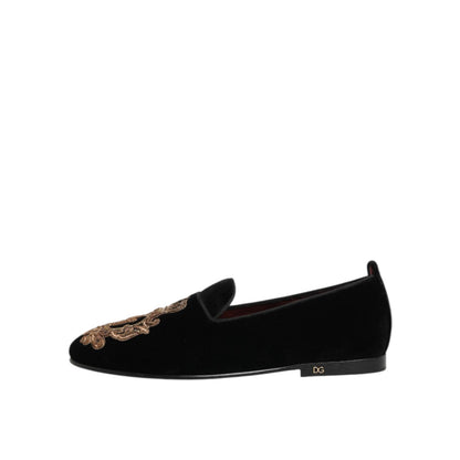 Dolce & Gabbana Black Velvet Gold Crown Mens Loafers Shoes