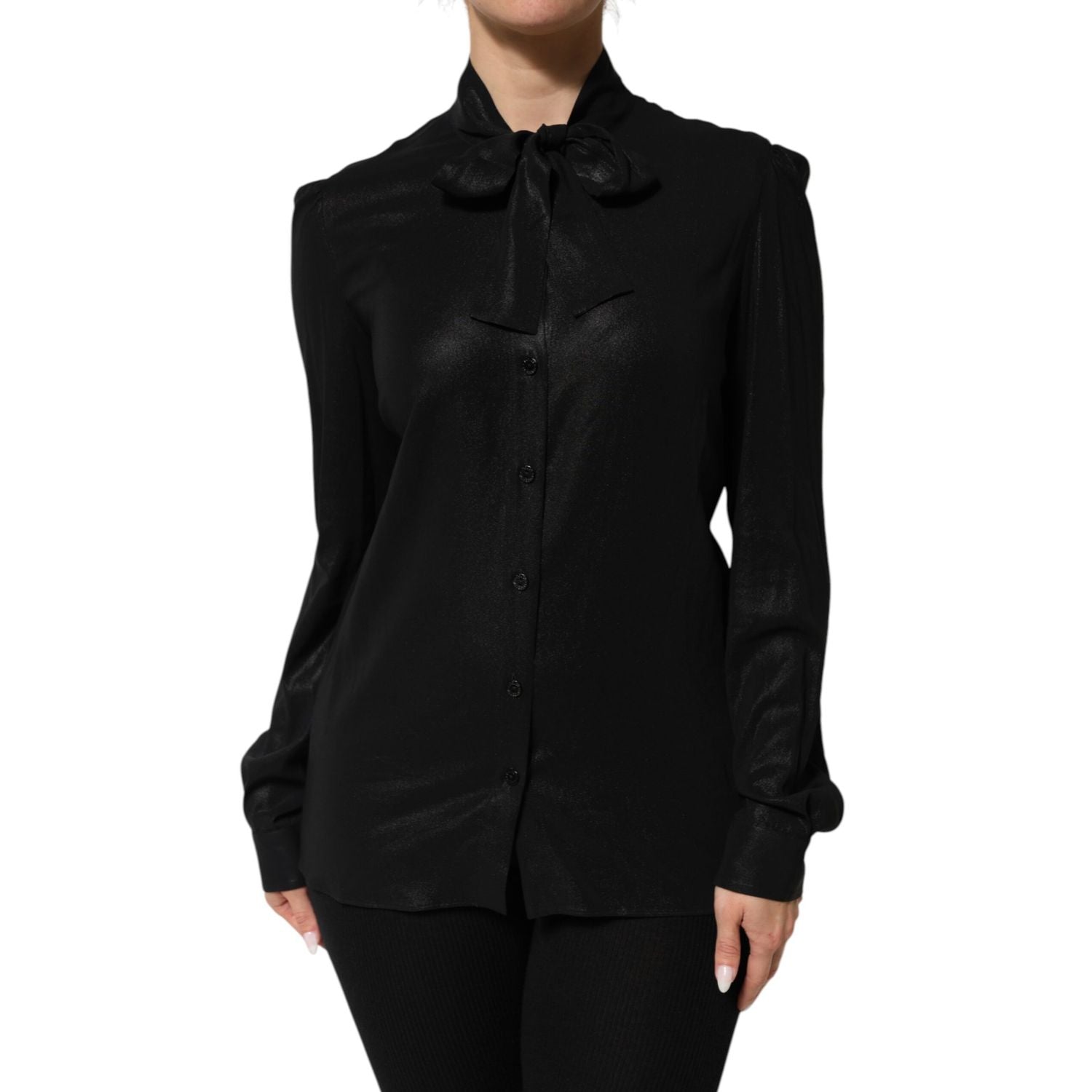 Dolce & Gabbana Black Viscose Long Sleeve Tie Neck Blouse Top