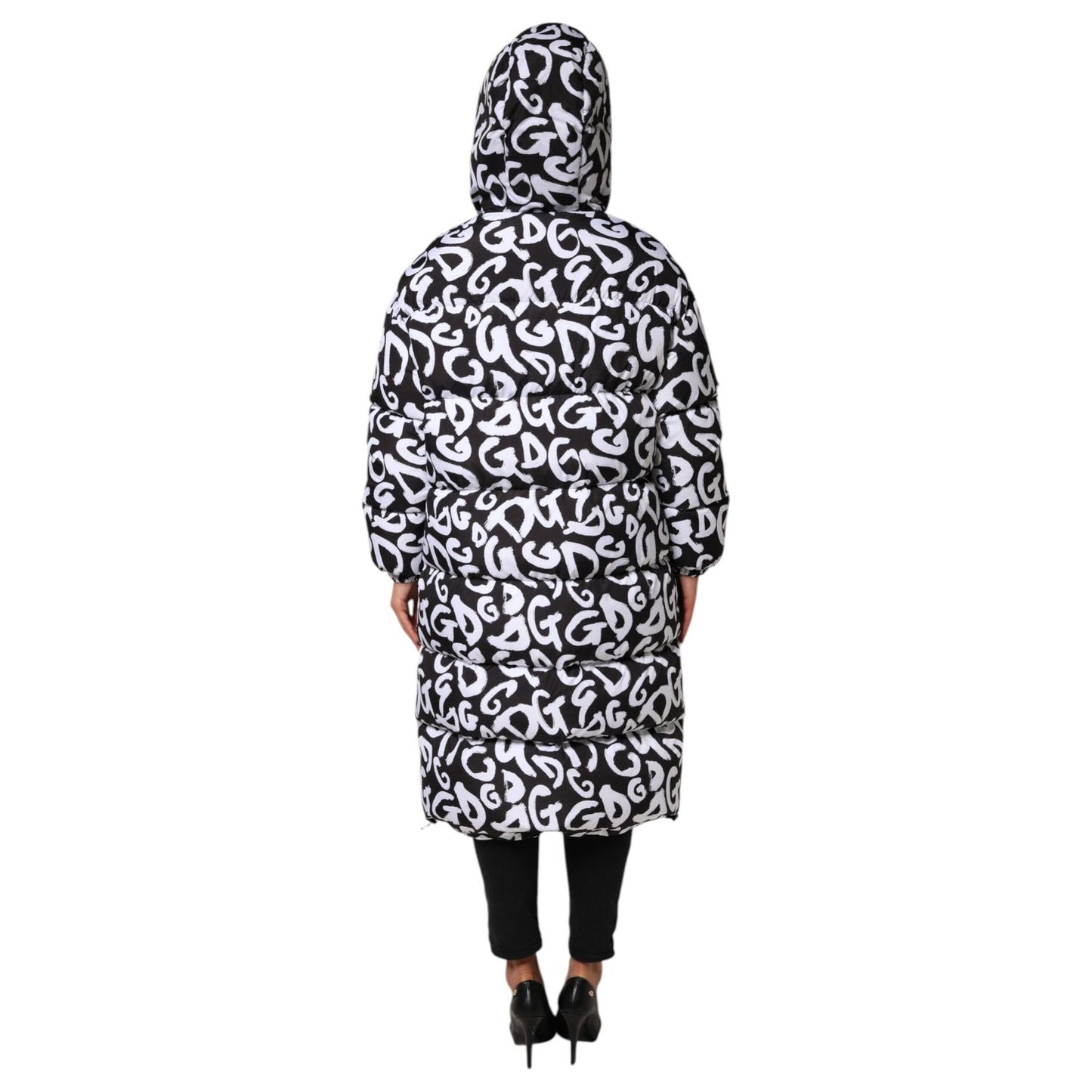Dolce & Gabbana Black White DG Mania Hooded Long Coat Jacket