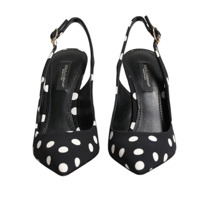 Dolce & Gabbana Black White Dotted Stiletto Slingback Shoes