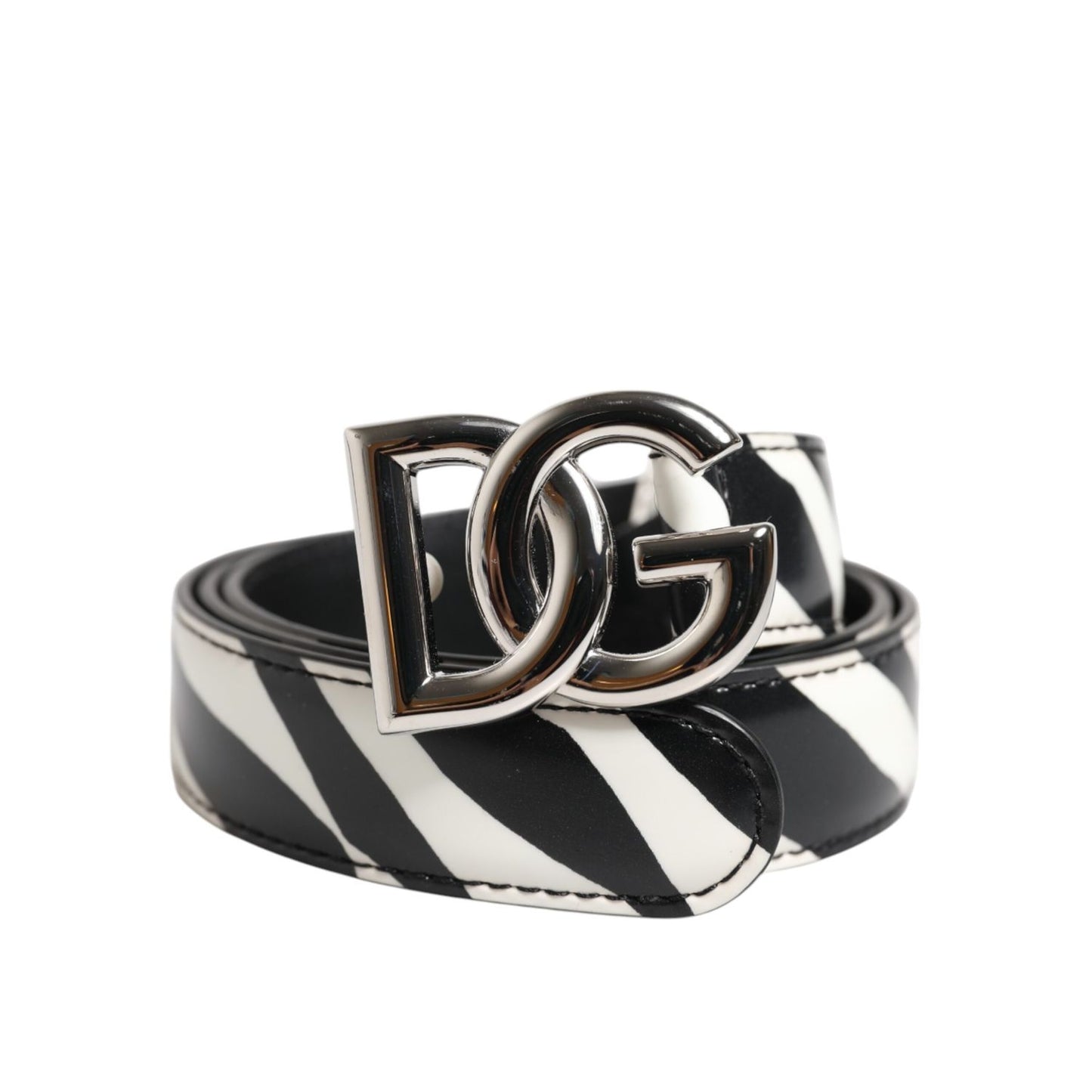 Dolce & Gabbana Black White Leather Silver Metal Buckle Belt
