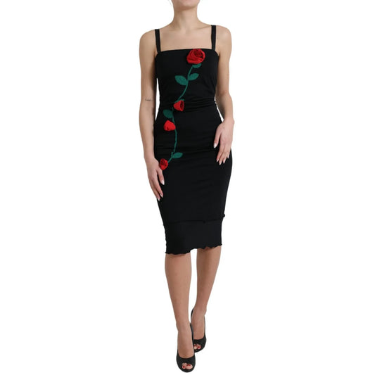 Dolce & Gabbana Black Wool Sleeveless Rose Applique Dress Dolce & Gabbana