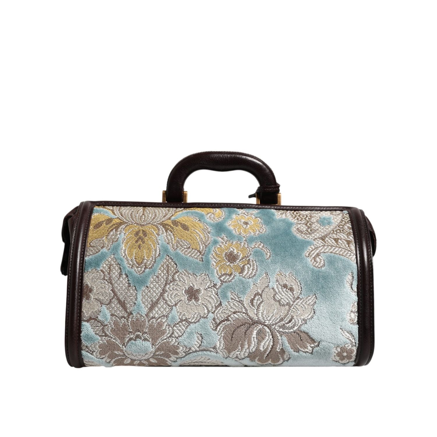 Dolce & Gabbana Blue Brown Leather Floral Jacquard Travel Handbag Bag