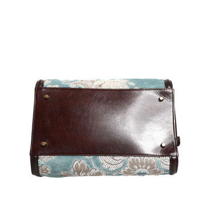 Dolce & Gabbana Blue Brown Leather Floral Jacquard Travel Handbag Bag