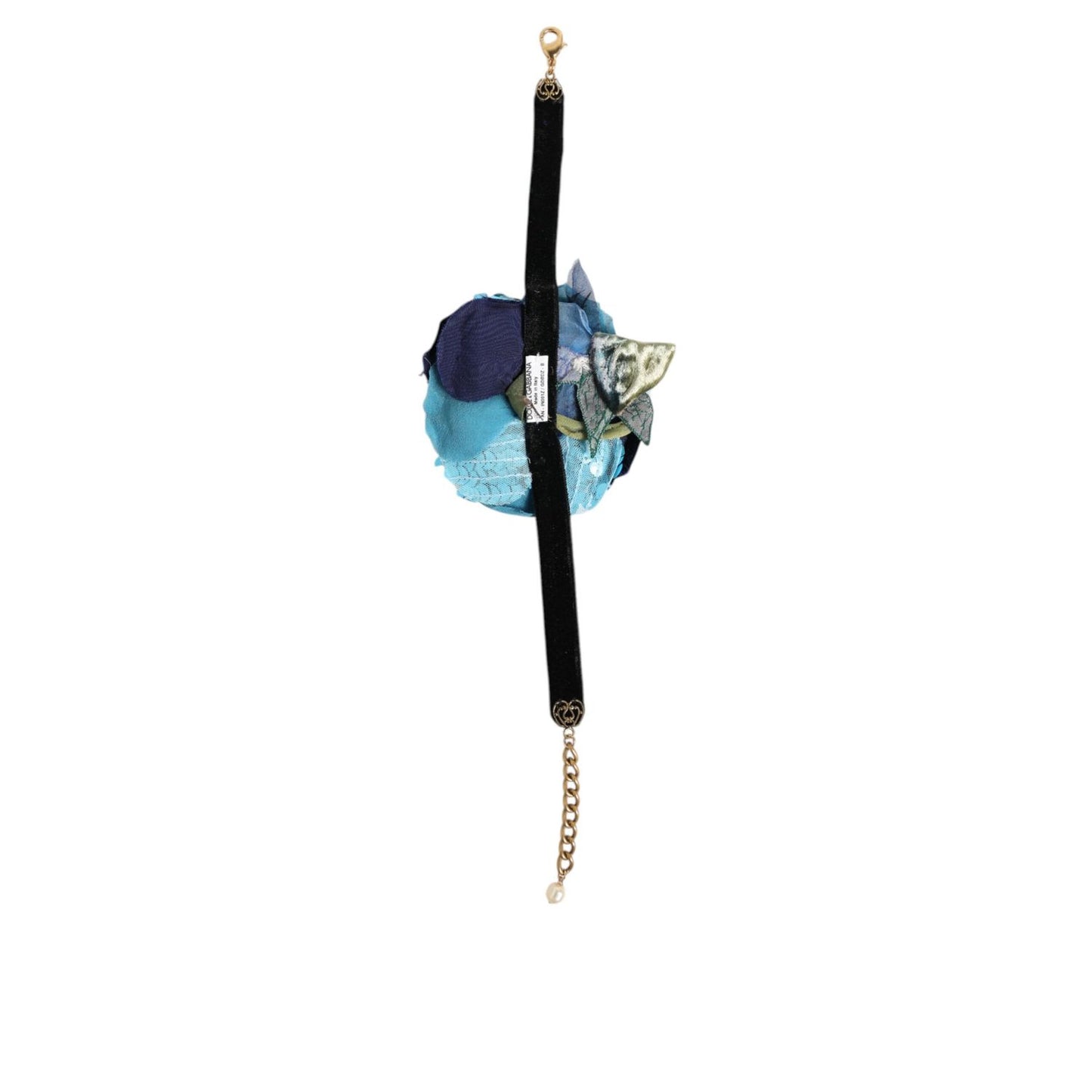 Dolce & Gabbana Blue Floral Appliqué Velvet Choker Crystal Beads Necklace