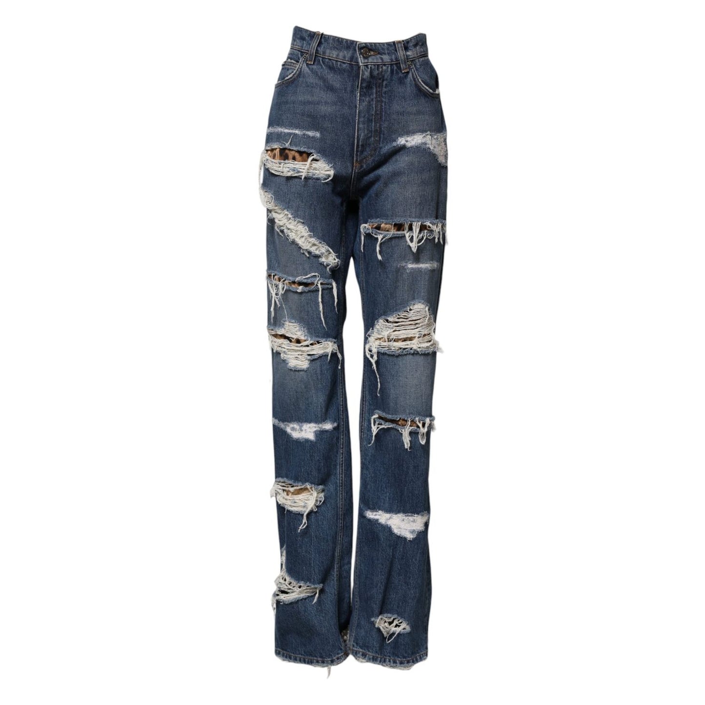 Dolce & Gabbana Blue Tattered Cotton Straight Denim Jeans