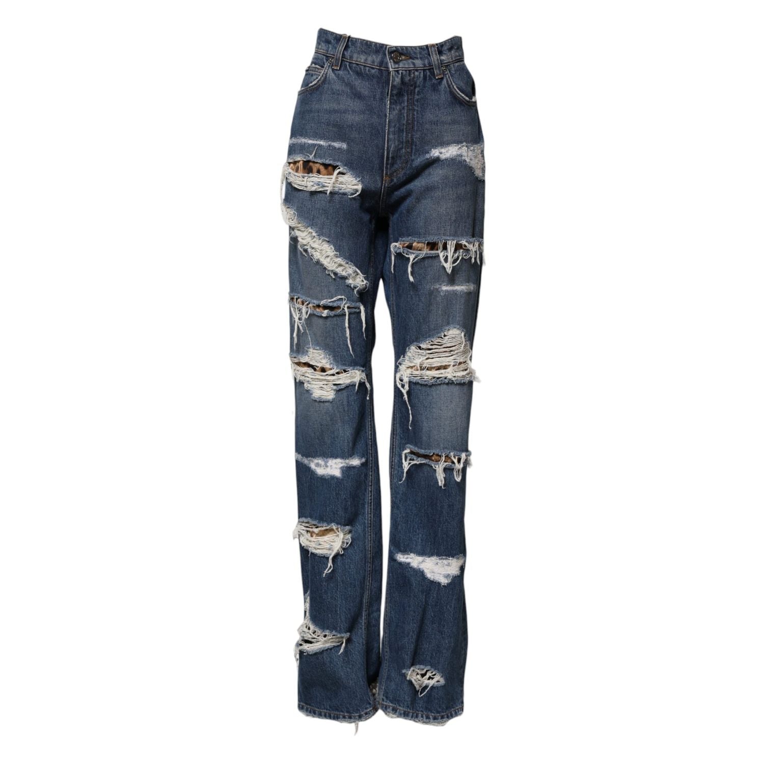 Dolce & Gabbana Blue Tattered Cotton Straight Denim Jeans
