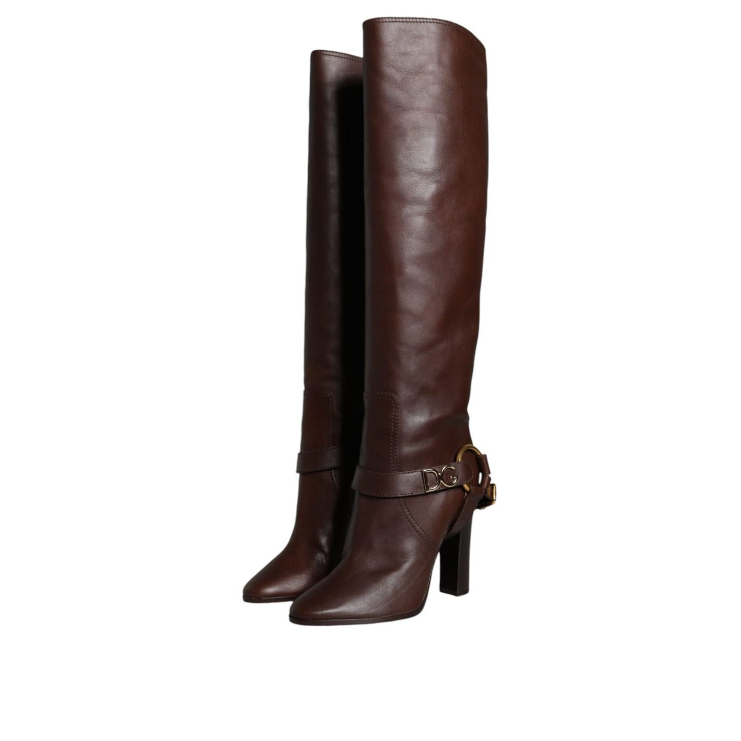 Dolce & Gabbana Brown Leather Gold Tone Logo High Boots Shoes Dolce & Gabbana