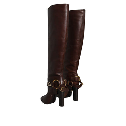 Dolce & Gabbana Brown Leather Gold Tone Logo High Boots Shoes Dolce & Gabbana