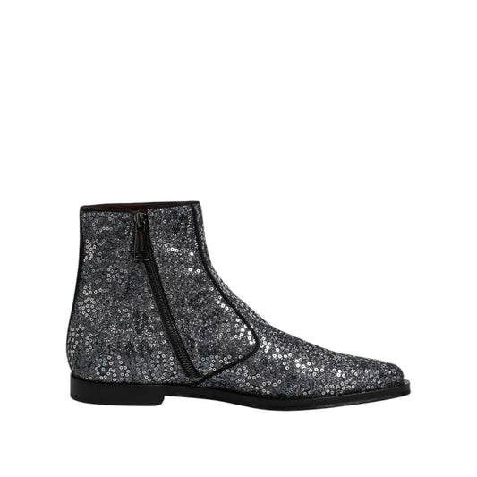 Dolce & Gabbana Dark Gray Cotton Sequined Chelsea Boots Shoes
