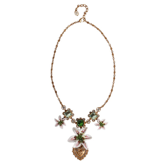 Dolce & Gabbana Gold Brass Lily Crystal Sacred Heart Pendant Necklace Dolce & Gabbana
