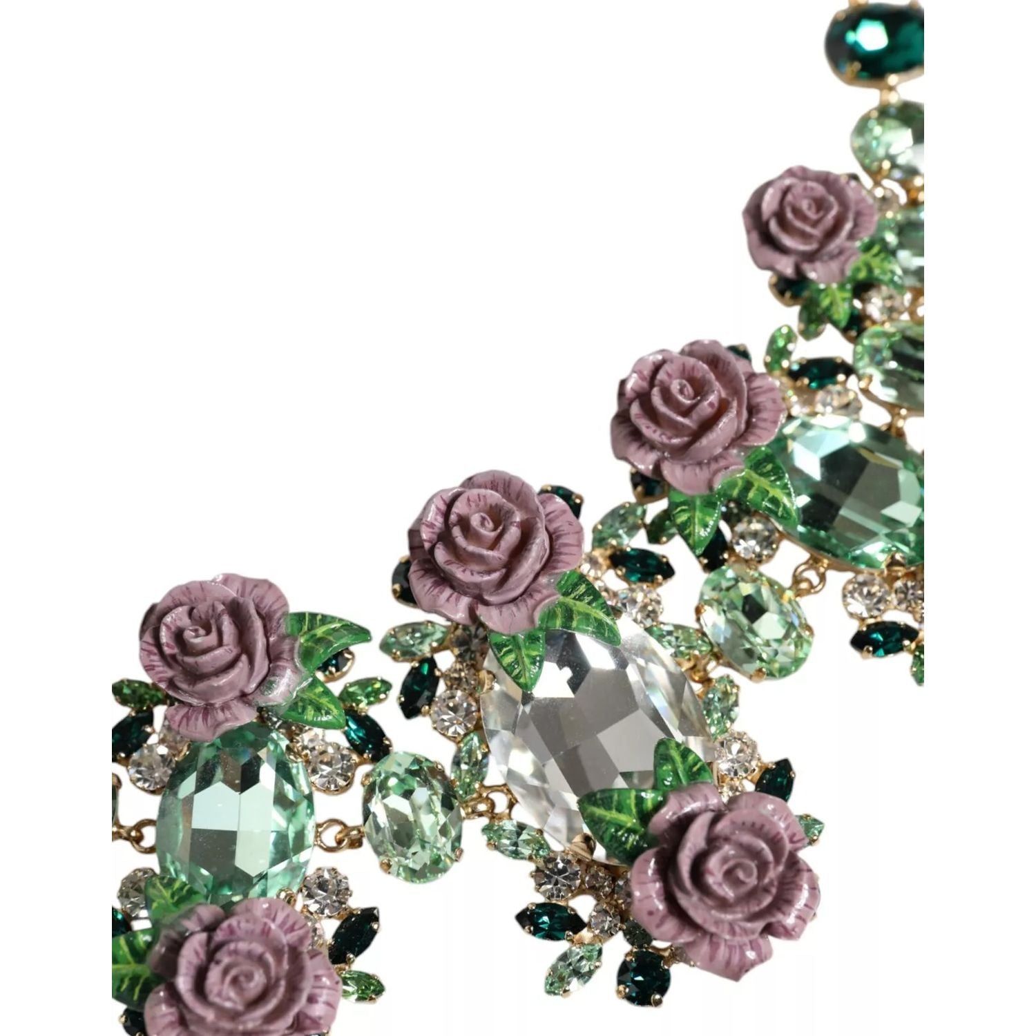 Dolce & Gabbana Gold Brass Link Chain Rose Petal Crystal Necklace