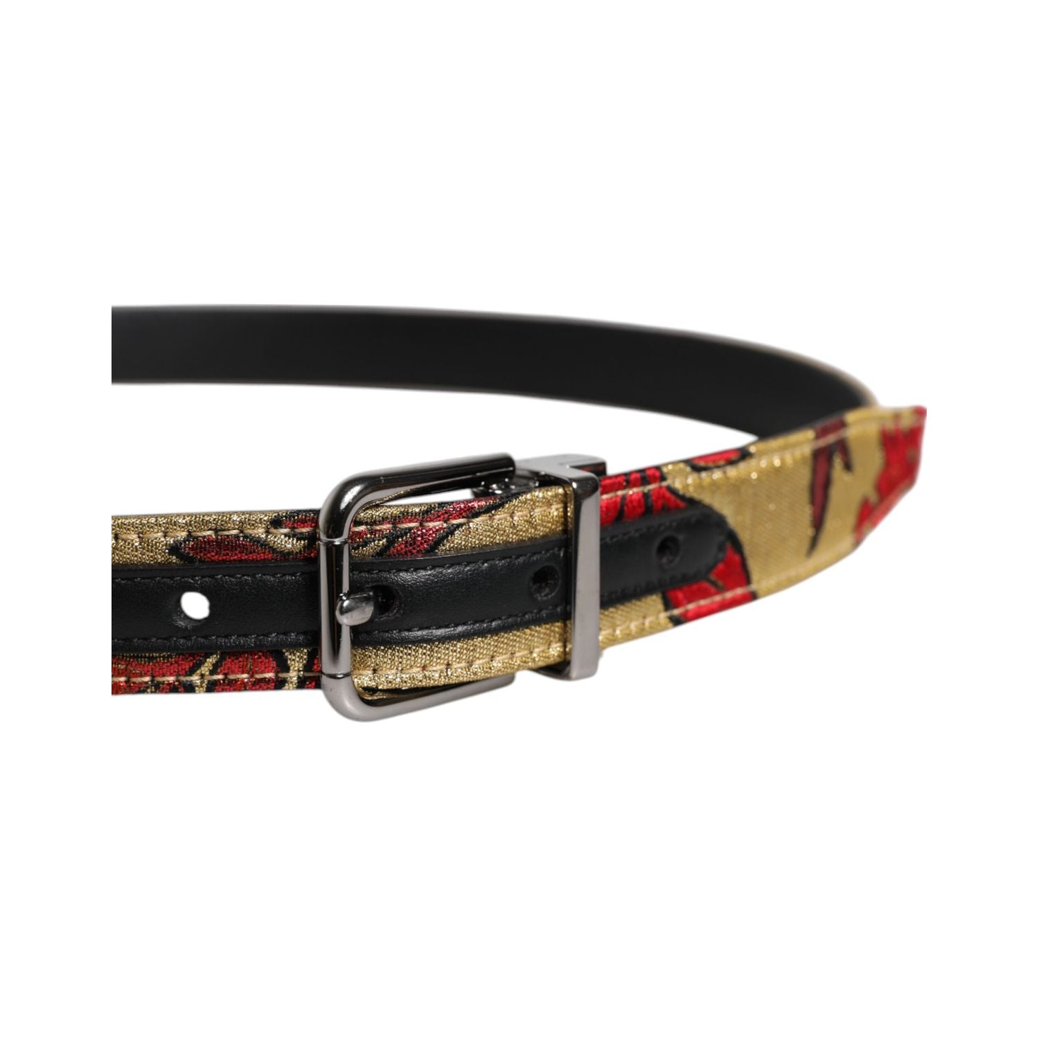 Dolce & Gabbana Gold Floral Jacquard Leather Metal Buckle Belt
