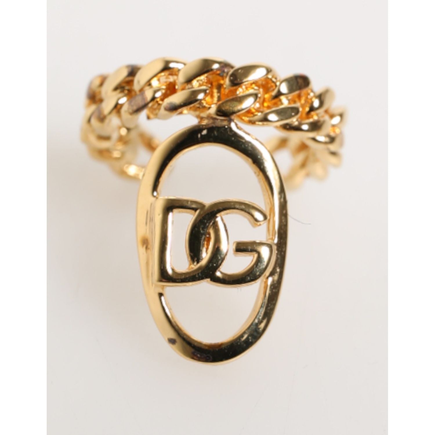 Dolce & Gabbana Gold Tone Brass Oval DG Logo Chain Adjustable Ring