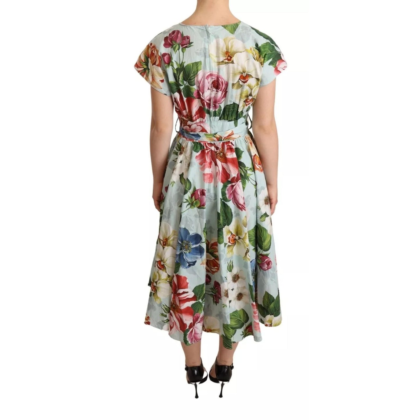 Dolce & Gabbana Green Floral Short Sleeves Cotton V-neck Dress