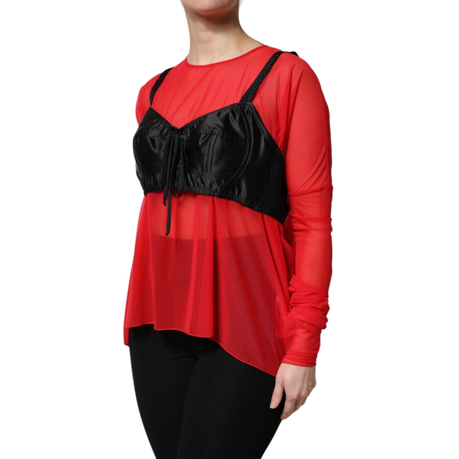 Dolce & Gabbana Red Black Bustier Detailing Long Sleeves Top