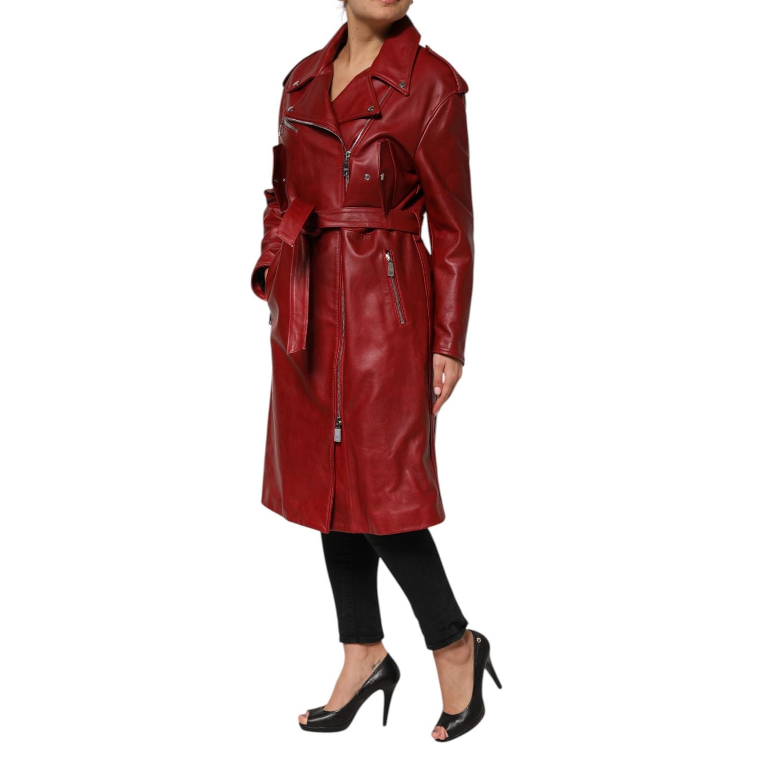 Dolce & Gabbana Red Leather Belted Full Zip Trench Coat Jacket