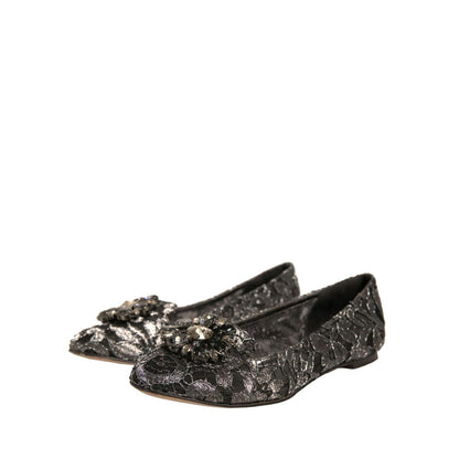 Dolce & Gabbana Silver Crystal Loafer Lace Ballet Flats Shoes