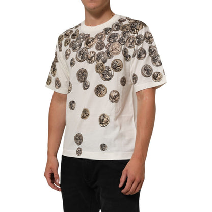 Dolce & Gabbana White Coin Print Cotton Crew Neck Men T-shirt
