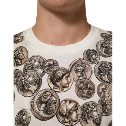 Dolce & Gabbana White Coin Print Cotton Crew Neck Men T-shirt