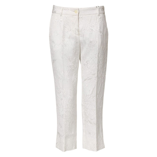Dolce & Gabbana White Cotton Floral Jacquard Pants