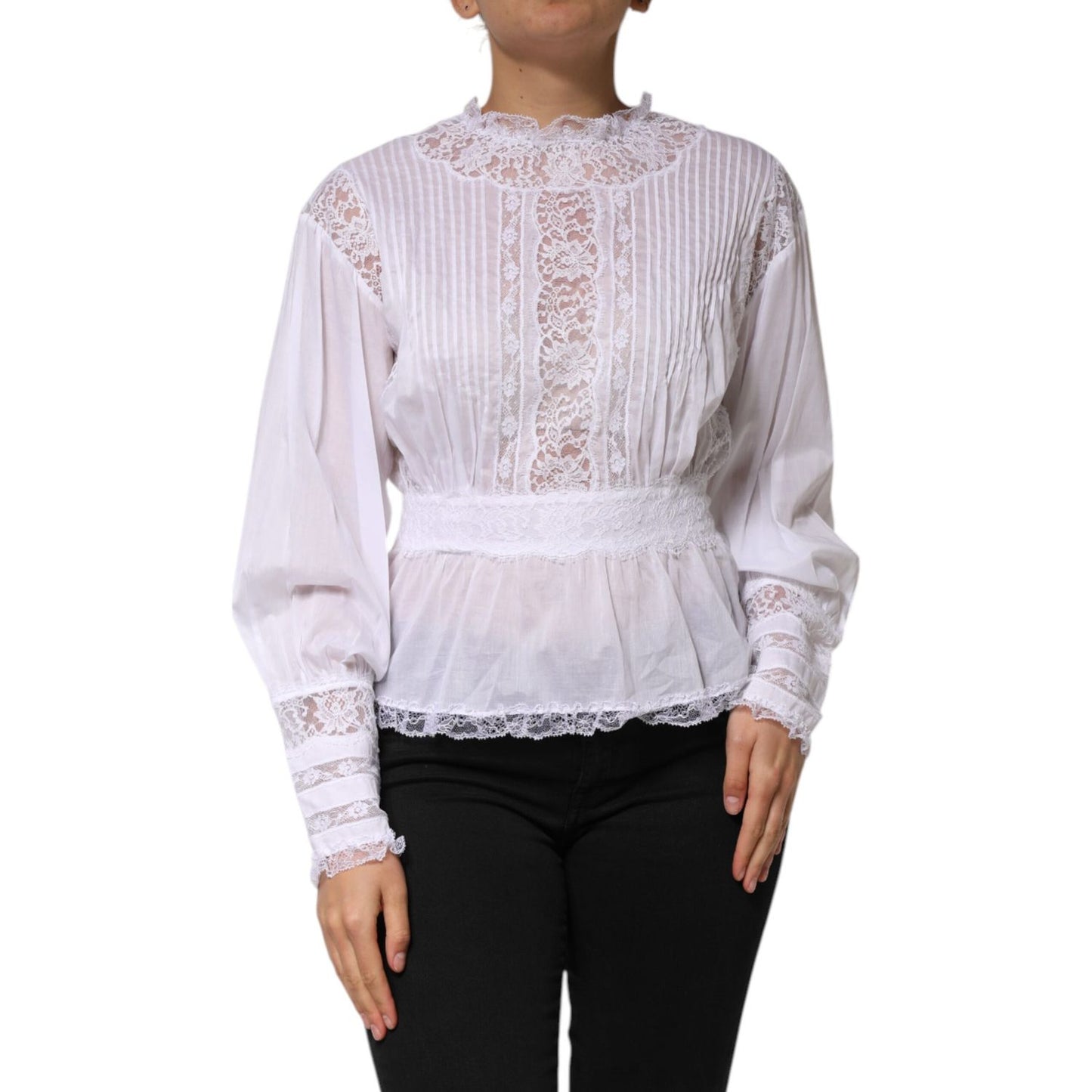 Dolce & Gabbana White Cotton Floral Lace Long Sleeves Top