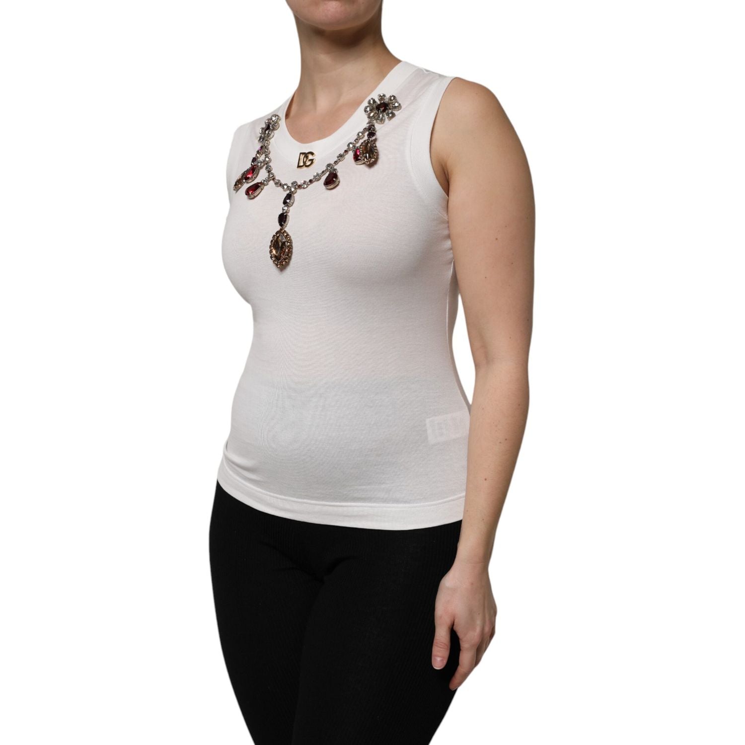 Dolce & Gabbana White Cotton Logo Crystal Detailing Tank Top