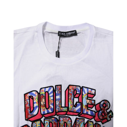 Dolce & Gabbana White Cotton Logo Print Round Neck T-shirt