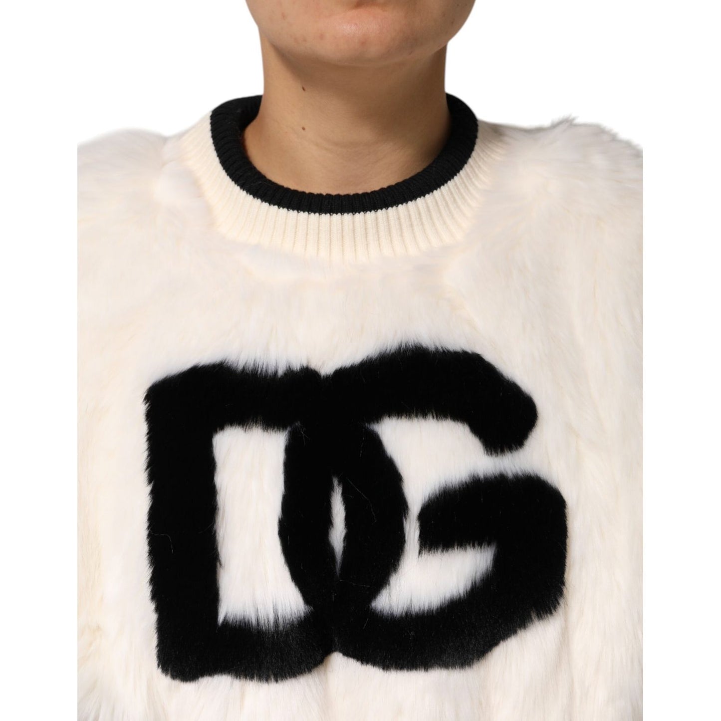 Dolce & Gabbana White Cropped Faux Fur DG Sweatshirt Sweater