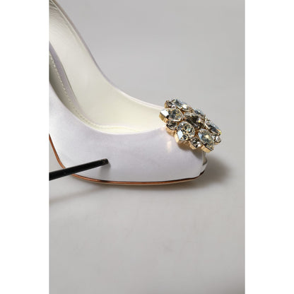 Dolce & Gabbana White Crystals Peep Toe Satin Pumps Shoes Dolce & Gabbana