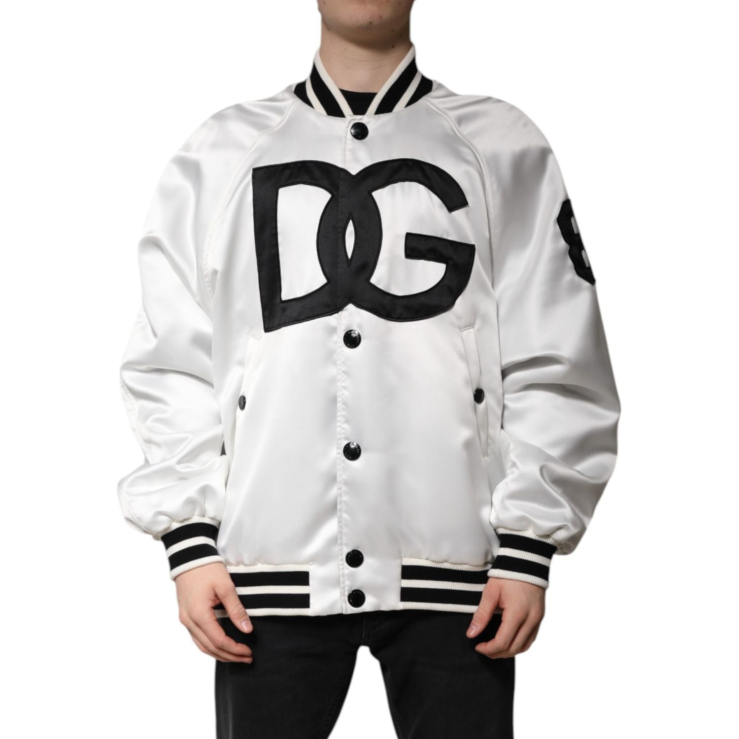 Dolce & Gabbana White DG Logo Polyester Jersey Bomber Jacket