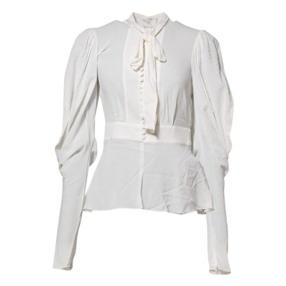 Dolce & Gabbana White Viscose Ascot Collar Long Sleeves Top