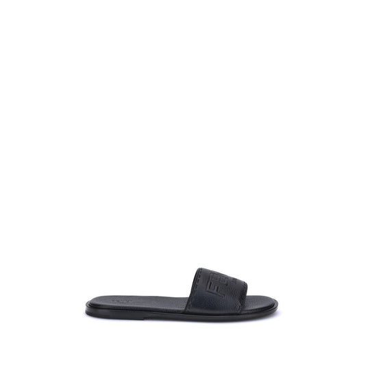 Fendi Black Calf Leather Bos Taurus Flat Sandals Fendi